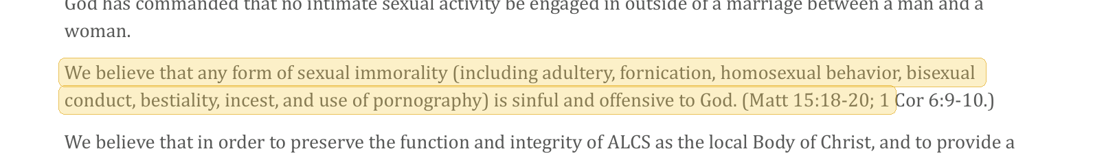 Highlighted excerpt from Abundant Life Christian Academy handbook