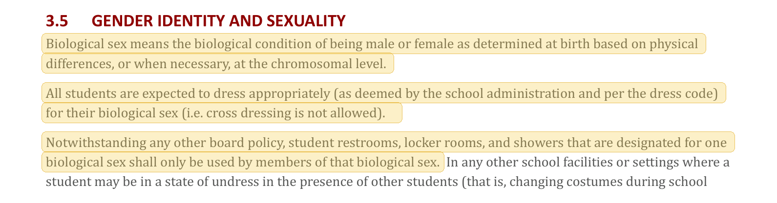Highlighted excerpt from Abundant Life Christian Academy handbook