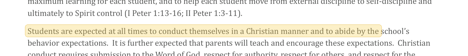 Highlighted excerpt from Abundant Life Christian Academy handbook