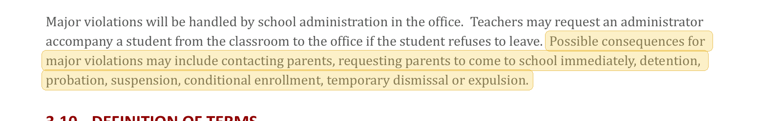 Highlighted excerpt from Abundant Life Christian Academy handbook