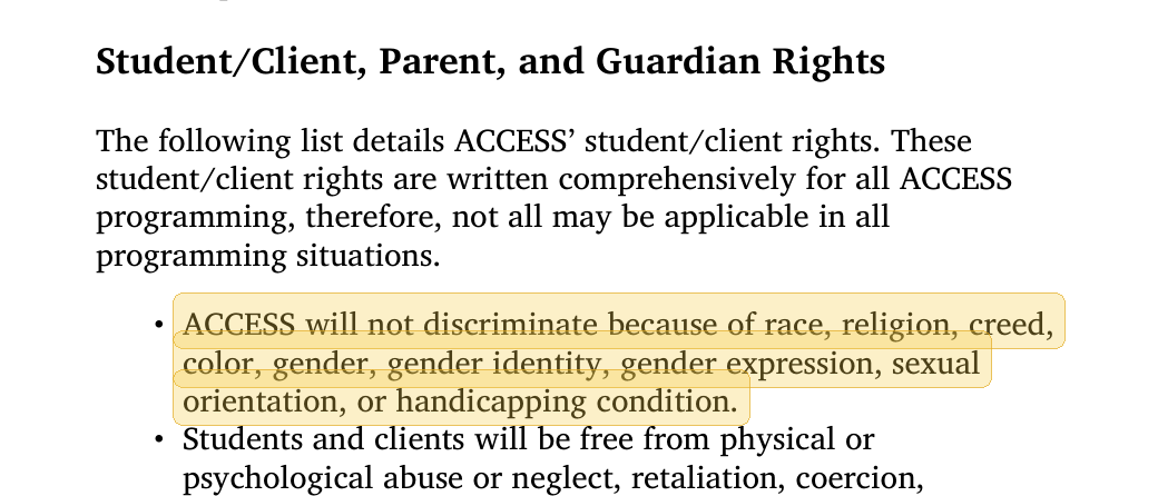 Highlighted excerpt from Access Schools handbook