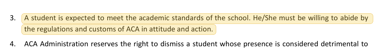 Highlighted excerpt from Arkansas Christian Academy handbook