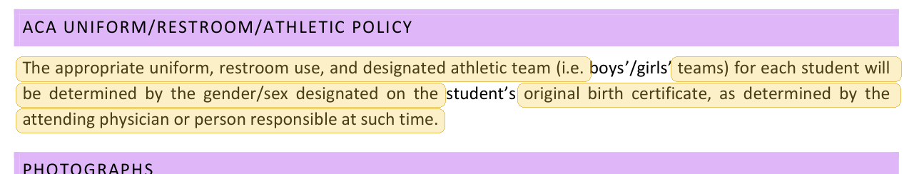 Highlighted excerpt from Arkansas Christian Academy handbook