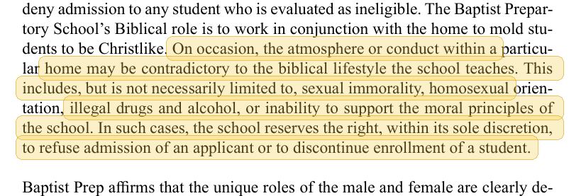 Highlighted excerpt from Baptist Preparatory School handbook