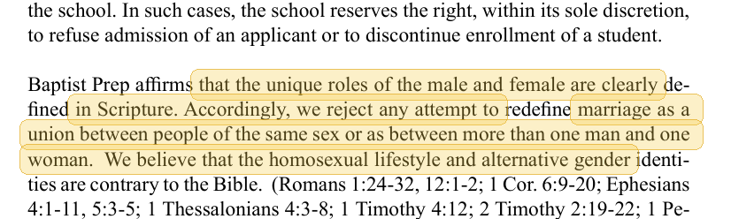 Highlighted excerpt from Baptist Preparatory School handbook