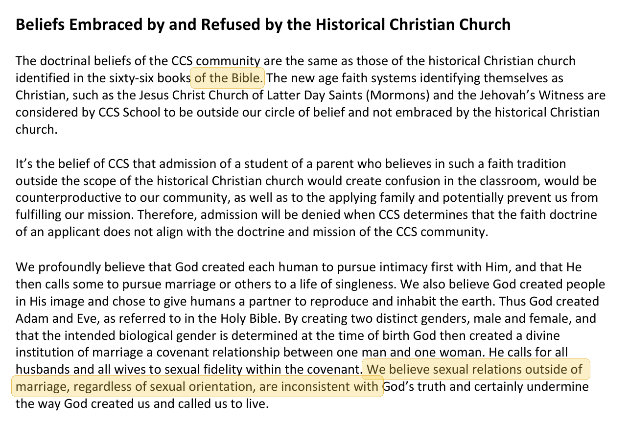 Highlighted excerpt from Cabot Christian School handbook