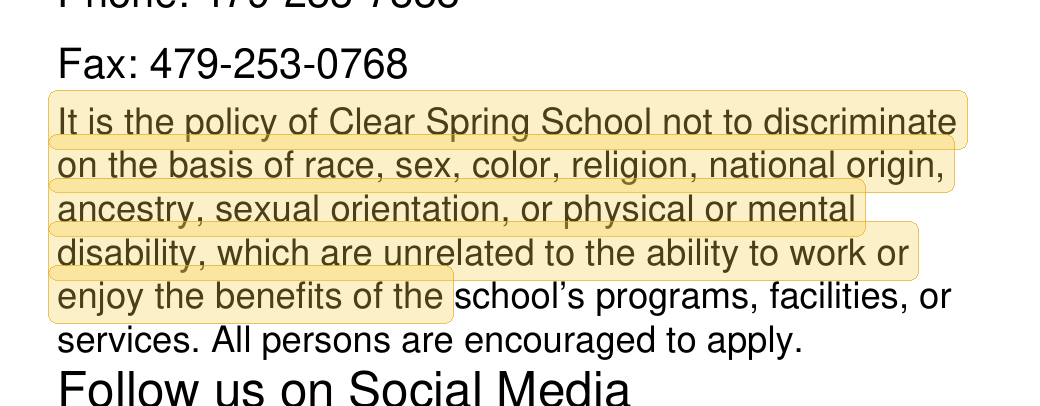 Highlighted excerpt from Clear Spring School handbook