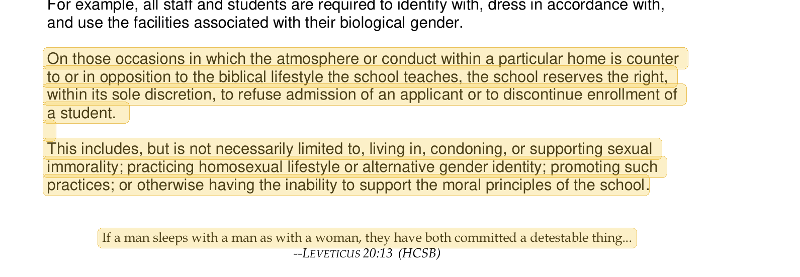 Highlighted excerpt from Community Christian School handbook