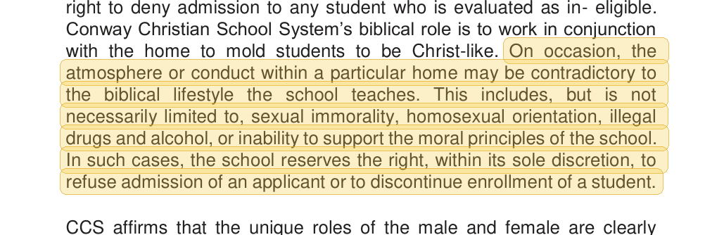Highlighted excerpt from Conway Christian School handbook