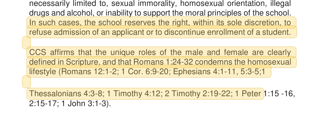 Highlighted excerpt from Conway Christian School handbook