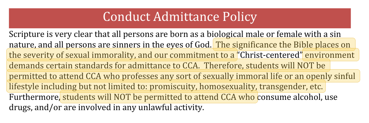 Highlighted excerpt from Cornerstone Christian Academy handbook