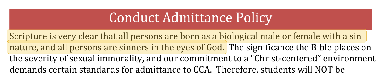 Highlighted excerpt from Cornerstone Christian Academy handbook