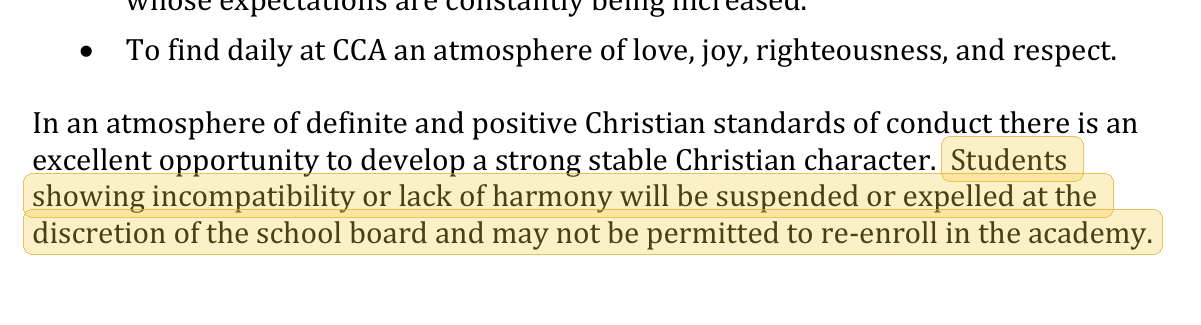 Highlighted excerpt from Cornerstone Christian Academy handbook