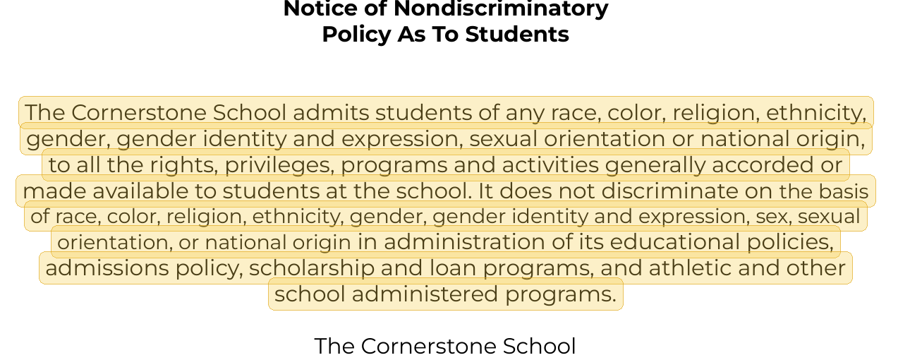 Highlighted excerpt from Cornerstone Montessori Christian Academy handbook