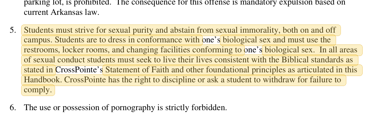 Highlighted excerpt from CrossPointe Preparatory School handbook