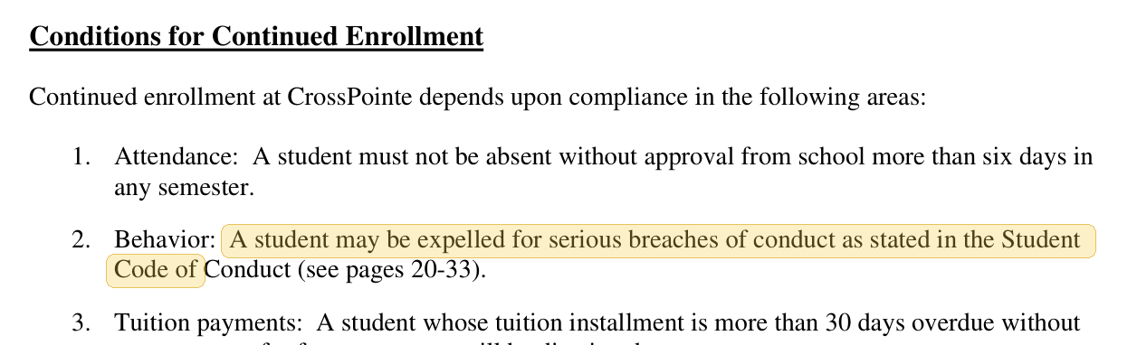 Highlighted excerpt from CrossPointe Preparatory School handbook