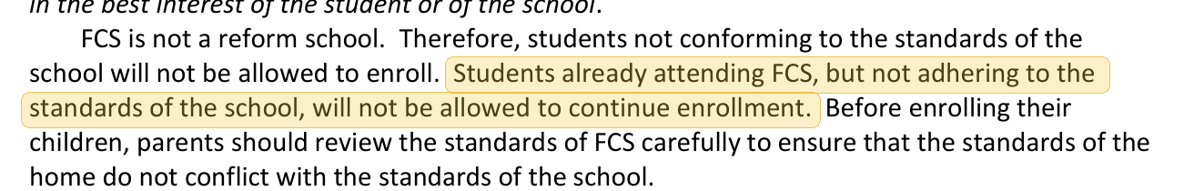 Highlighted excerpt from Fayetteville Christian School handbook