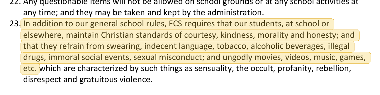 Highlighted excerpt from Fayetteville Christian School handbook