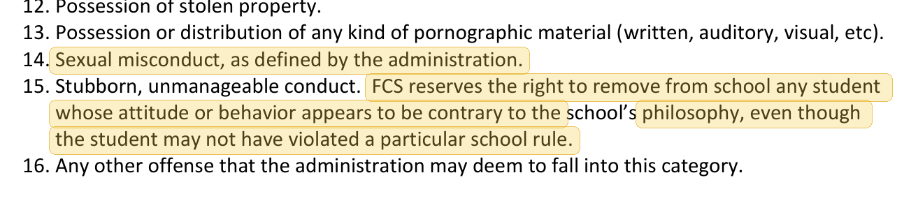 Highlighted excerpt from Fayetteville Christian School handbook