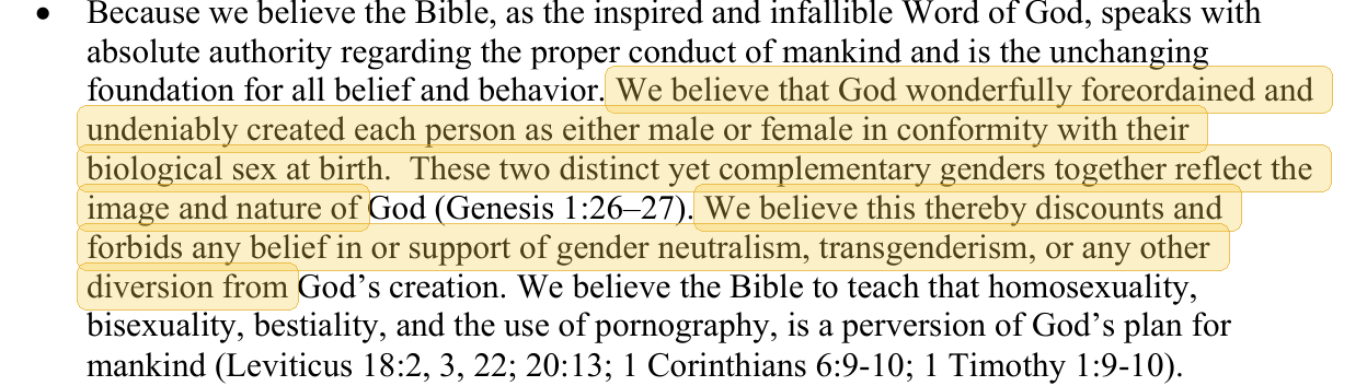 Highlighted excerpt from Garrett Memorial Christian School handbook