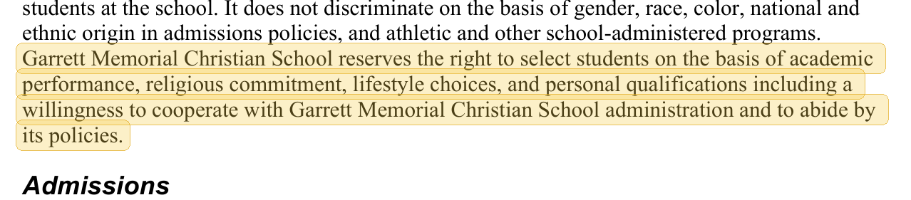 Highlighted excerpt from Garrett Memorial Christian School handbook