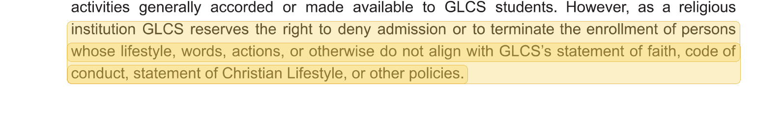 Highlighted excerpt from Gospel Light Christian School handbook