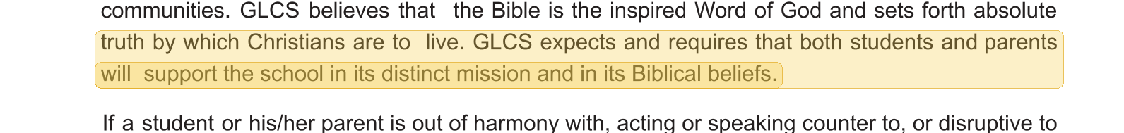 Highlighted excerpt from Gospel Light Christian School handbook