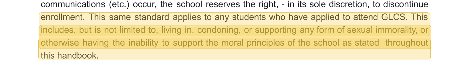 Highlighted excerpt from Gospel Light Christian School handbook