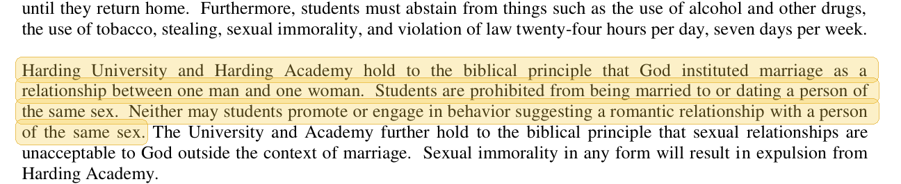 Highlighted excerpt from Harding Academy handbook