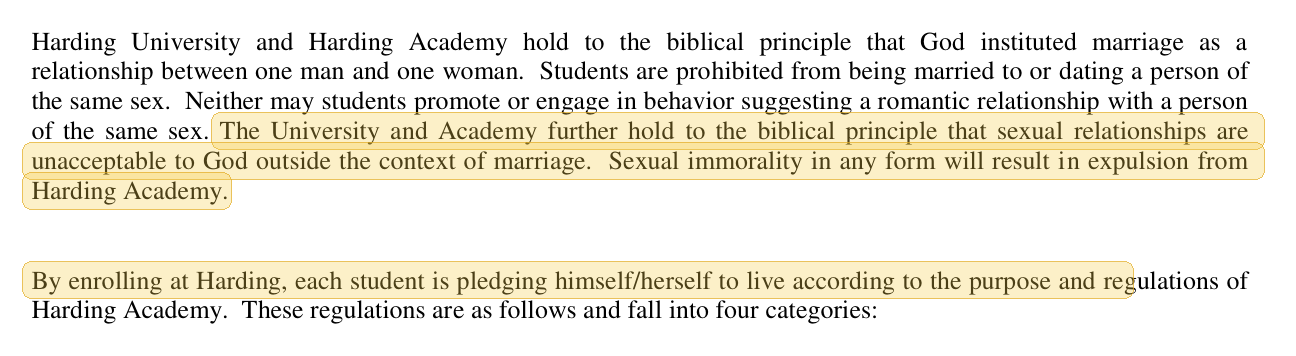 Highlighted excerpt from Harding Academy handbook