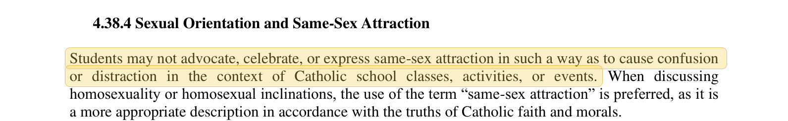 Highlighted excerpt from Immaculate Conception School handbook