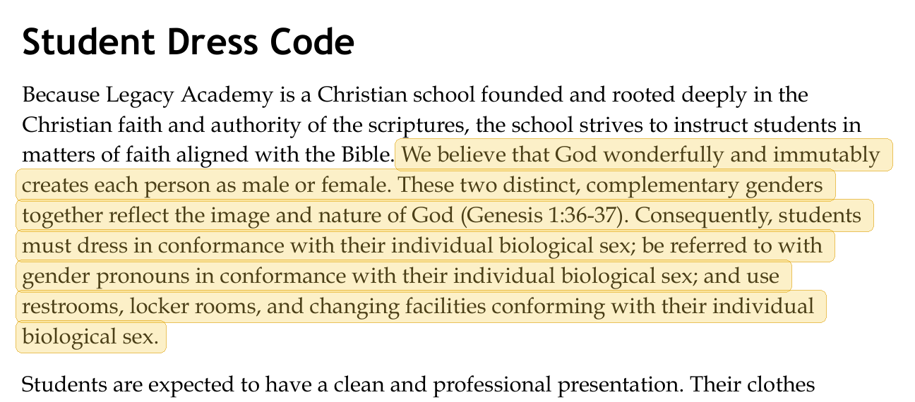 Highlighted excerpt from Legacy Academy handbook