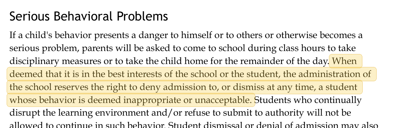 Highlighted excerpt from Legacy Academy handbook