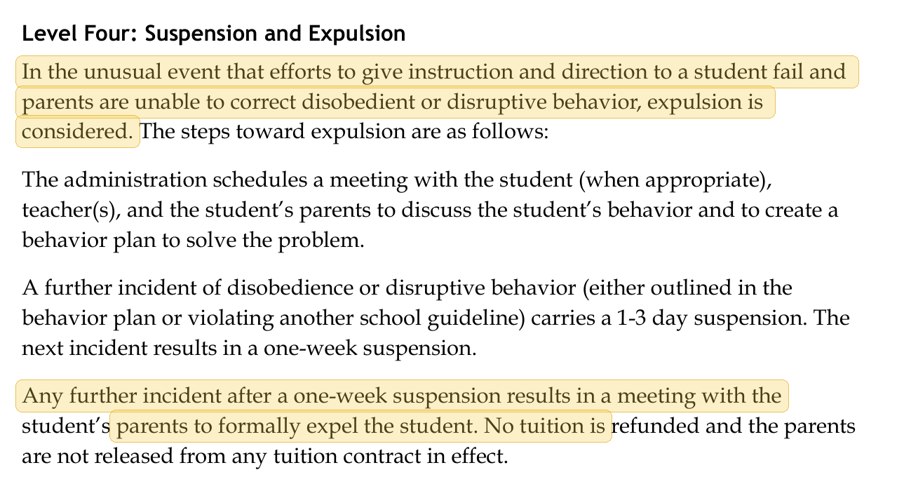 Highlighted excerpt from Legacy Academy handbook