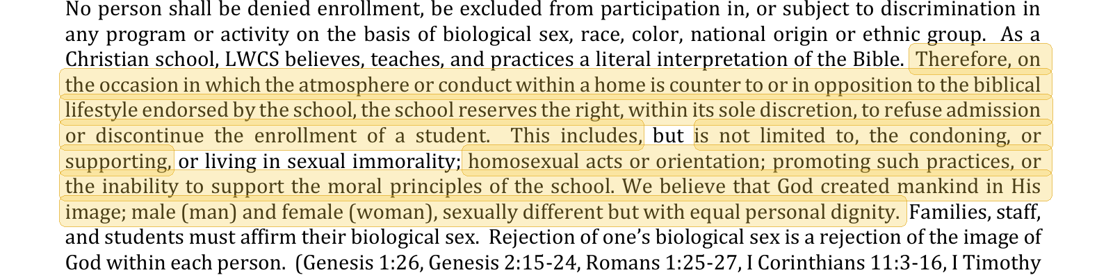 Highlighted excerpt from Life Way Christian School handbook