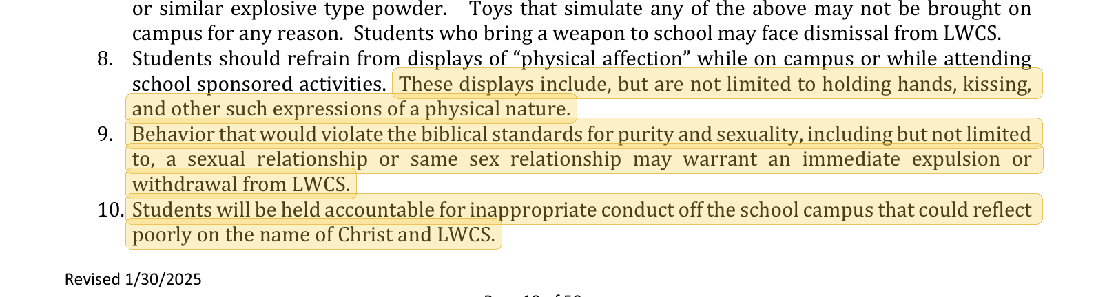 Highlighted excerpt from Life Way Christian School handbook