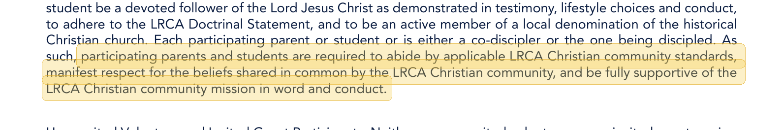 Highlighted excerpt from Little Rock Christian Academy handbook