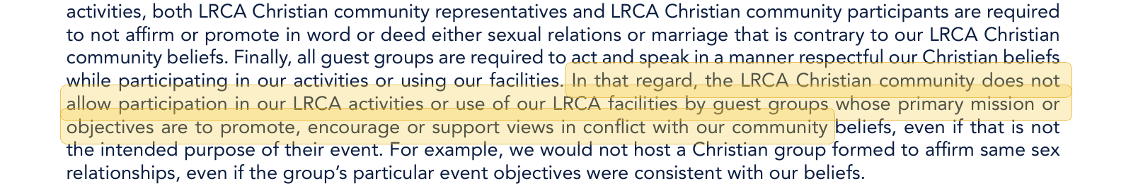 Highlighted excerpt from Little Rock Christian Academy handbook