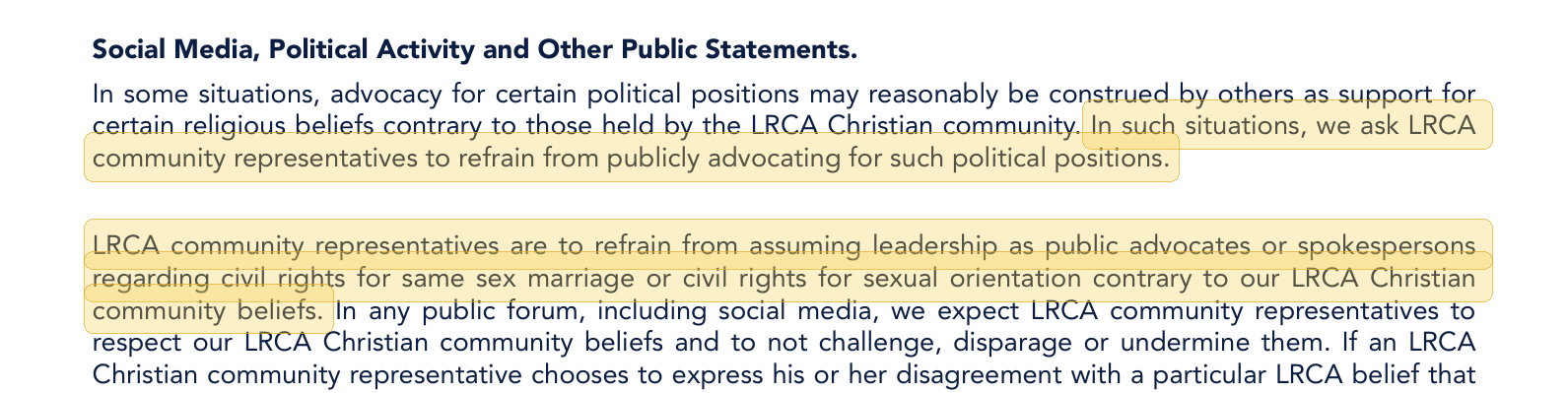 Highlighted excerpt from Little Rock Christian Academy handbook