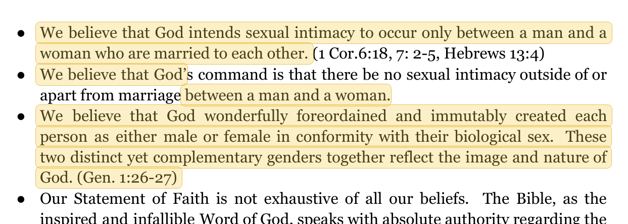 Highlighted excerpt from Mtn. Home Christian Academy handbook