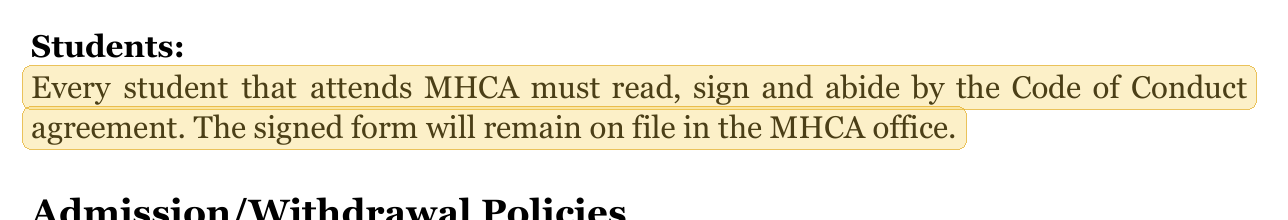 Highlighted excerpt from Mtn. Home Christian Academy handbook