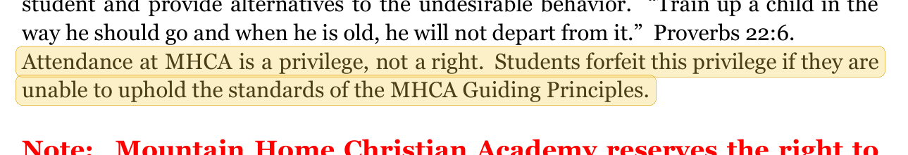 Highlighted excerpt from Mtn. Home Christian Academy handbook