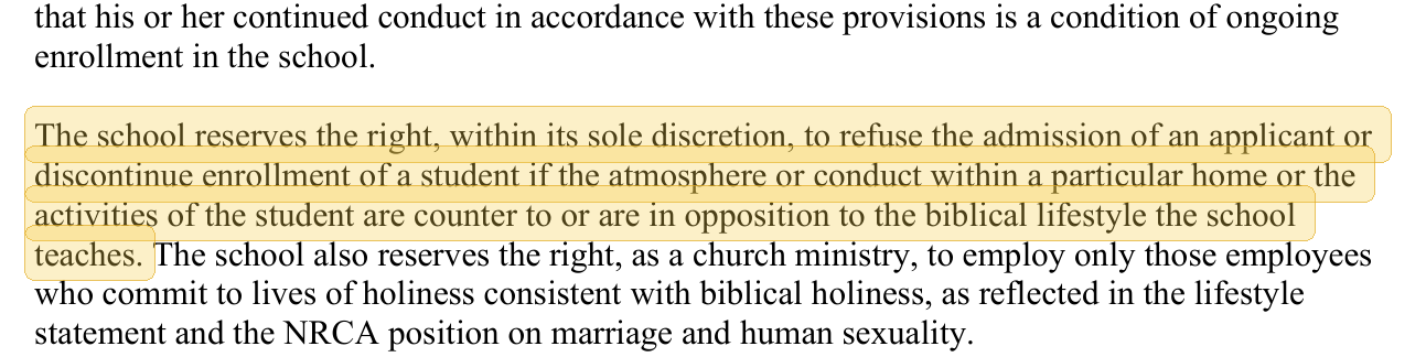 Highlighted excerpt from North River Christian Academy handbook