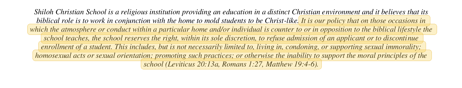 Highlighted excerpt from Shiloh Excel Christian School handbook