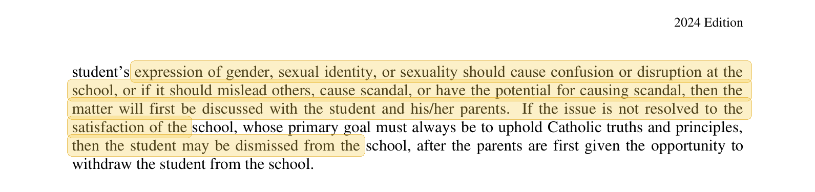 Highlighted excerpt from St. John Catholic School handbook