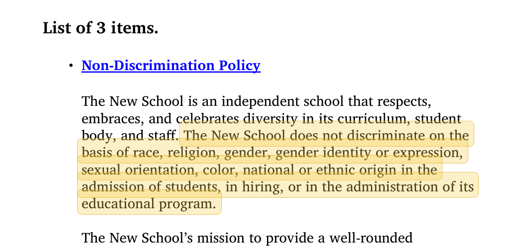 Highlighted excerpt from The New School handbook