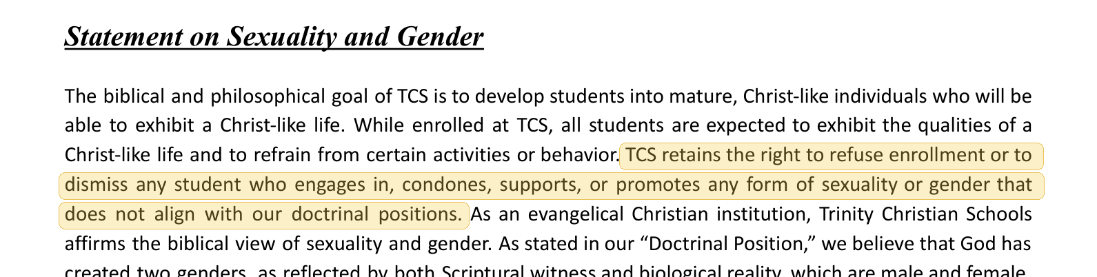 Highlighted excerpt from Trinity Christian School - Texarkana handbook