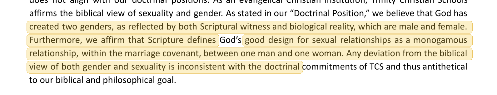 Highlighted excerpt from Trinity Christian School - Texarkana handbook