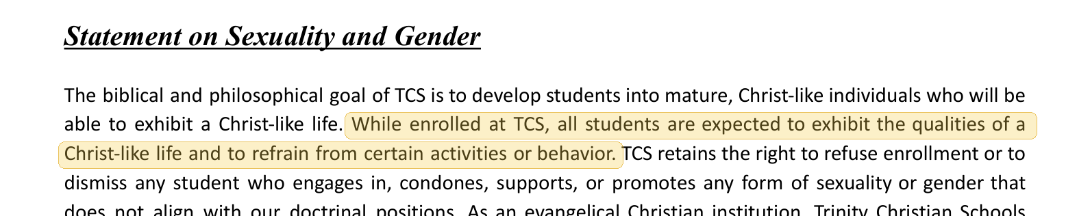 Highlighted excerpt from Trinity Christian School - Texarkana handbook