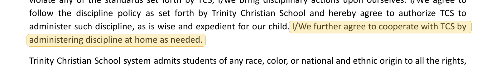 Highlighted excerpt from Trinity Christian School - Texarkana handbook